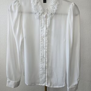 BCX Elegant White Lace Collar Button Down